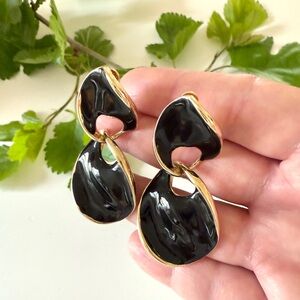 Vintage Black Enamel Drop Earrings with Gold Trim